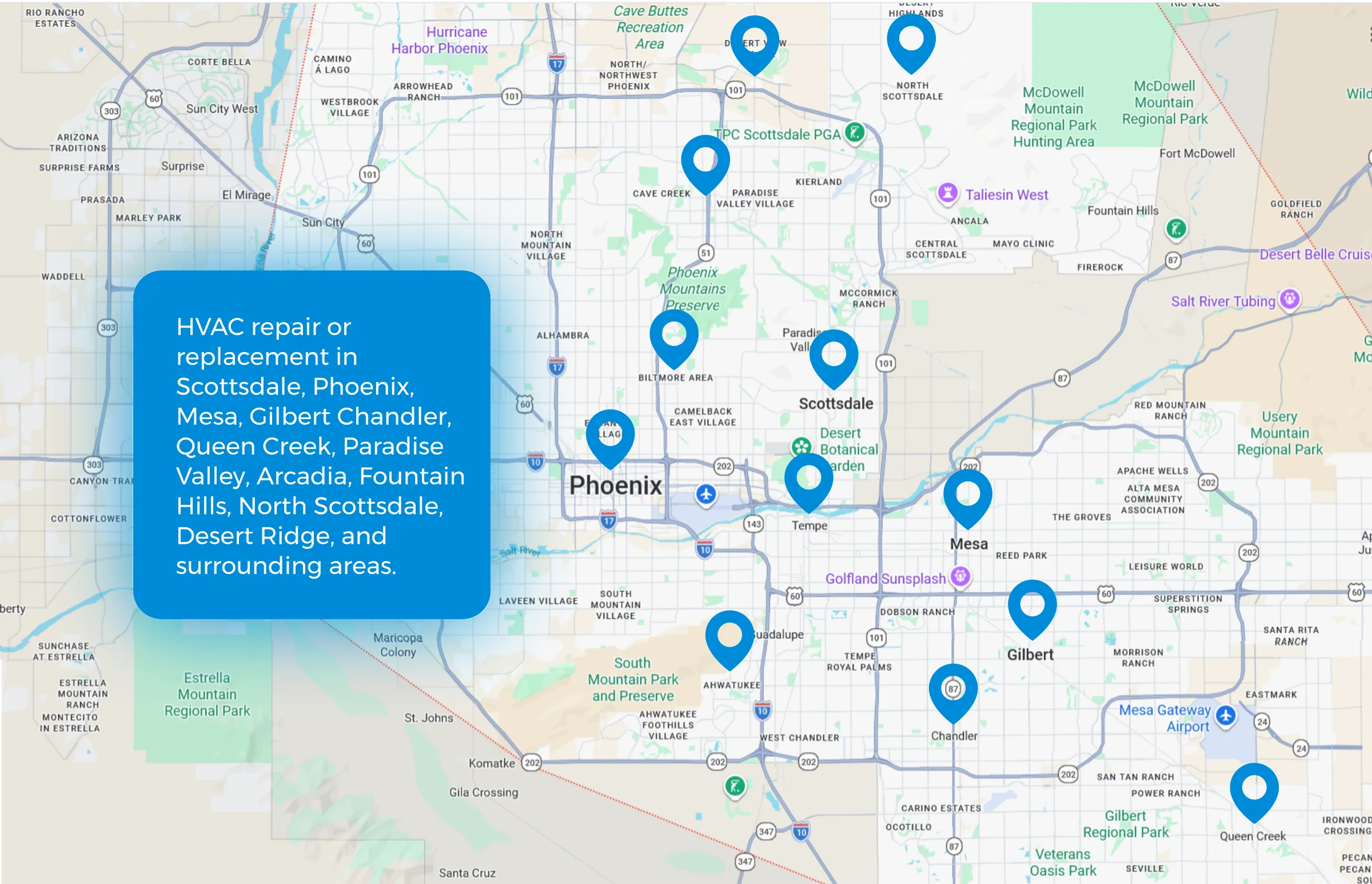 Service area map covering Scottsdale, Phoenix, Mesa, Gilbert, Chandler, Queen Creek, Paradise Valley, Arcadia, Fountain Hills, North Scottsdale, and Desert Ridge